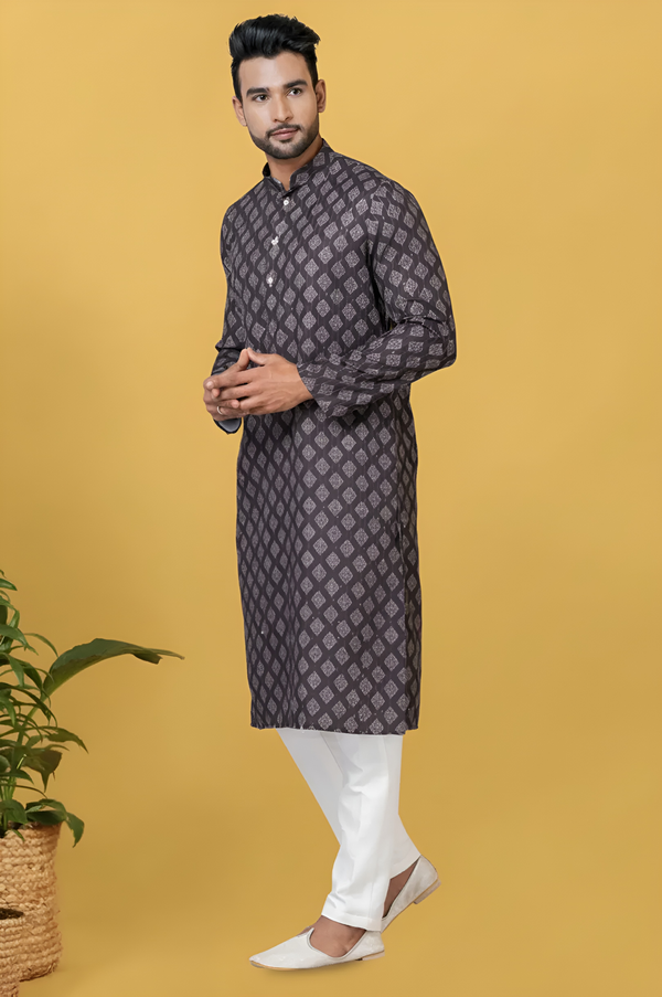 Men’s Black Printed Kurta | Cotton Fabric | Ethnic & Casual Wear