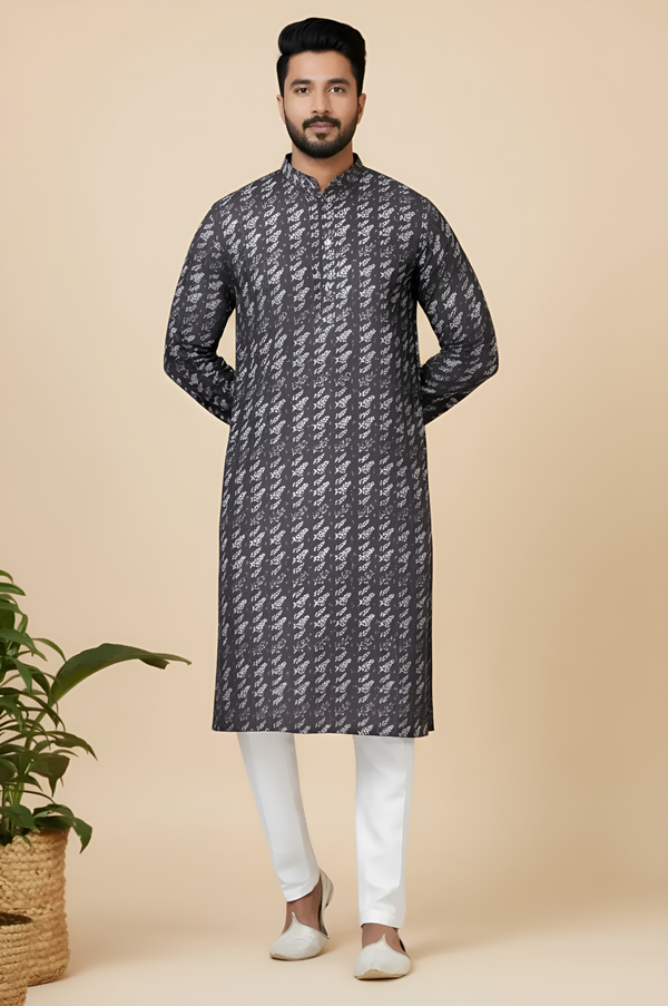 Men’s Black Printed Kurta | Cotton Fabric | Ethnic & Casual Wear