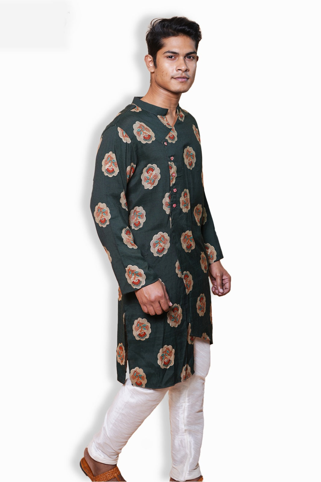 Traditional Floral Print Kurta, Dark Green with Peach Motifs, Cotton, Long Sleeve with White Churidar