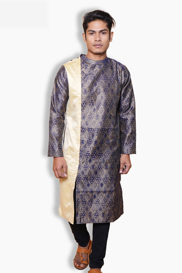 Men's Indigo and Cream Kurta | Gold Embroidered | Jacquard Fabric | Festive Wear