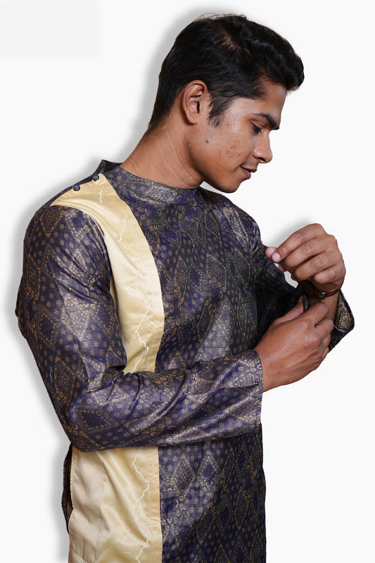 Fabriq by FFACE Traditional Kurta with Geometric Pattern, Navy Blue and Gold, Long Length with Contrast Panel