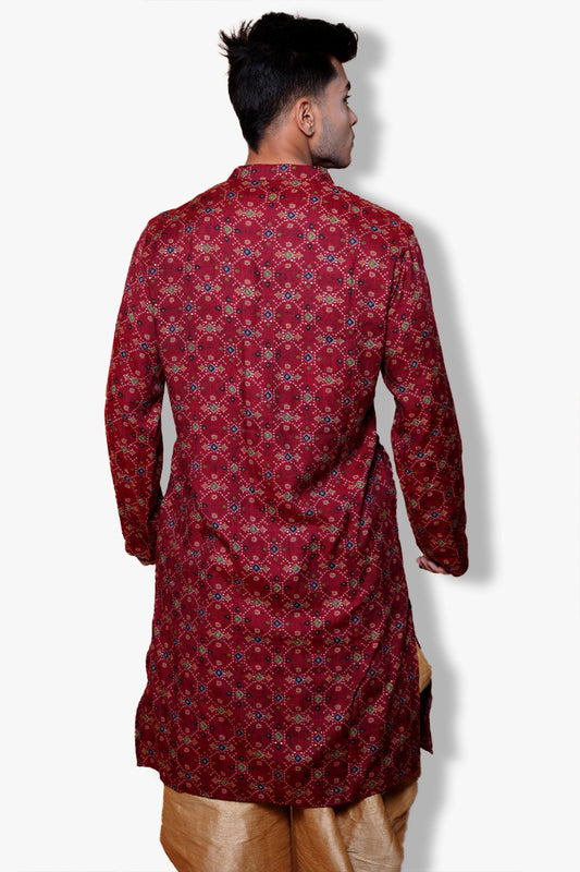 Traditional Maroon Printed Kurta, Mandarin Collar, Long Sleeves, Geometric Pattern