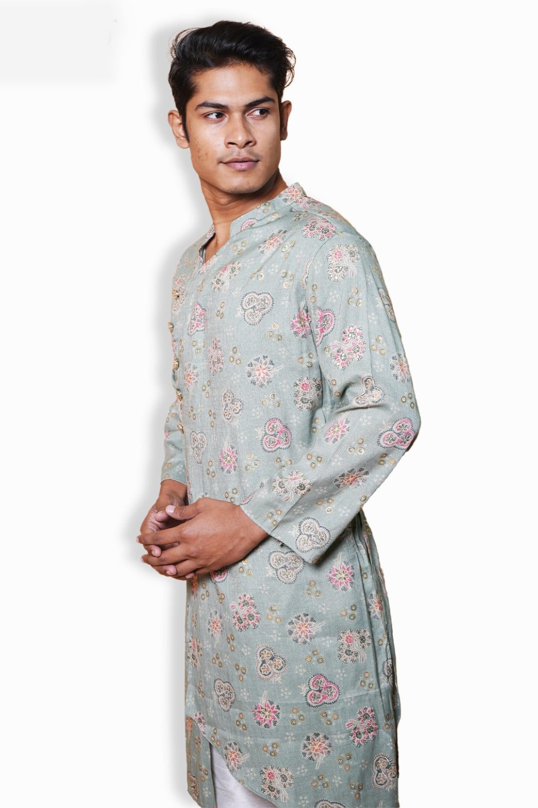 Fabriq by FFace Traditional Floral Print Kurta, Sage Green with Pink Motifs, Mandarin Collar, Cotton