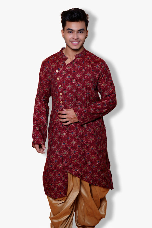 Traditional Maroon Printed Kurta, Mandarin Collar, Long Sleeves, Geometric Pattern
