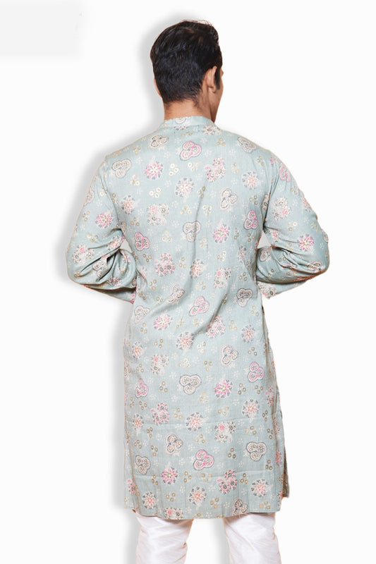 Fabriq by FFace Traditional Floral Print Kurta, Sage Green with Pink Motifs, Mandarin Collar, Cotton