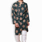 Traditional Floral Print Kurta, Dark Green with Peach Motifs, Cotton, Long Sleeve with White Churidar