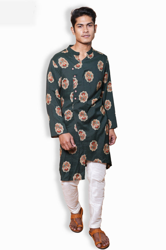 Traditional Floral Print Kurta, Dark Green with Peach Motifs, Cotton, Long Sleeve with White Churidar