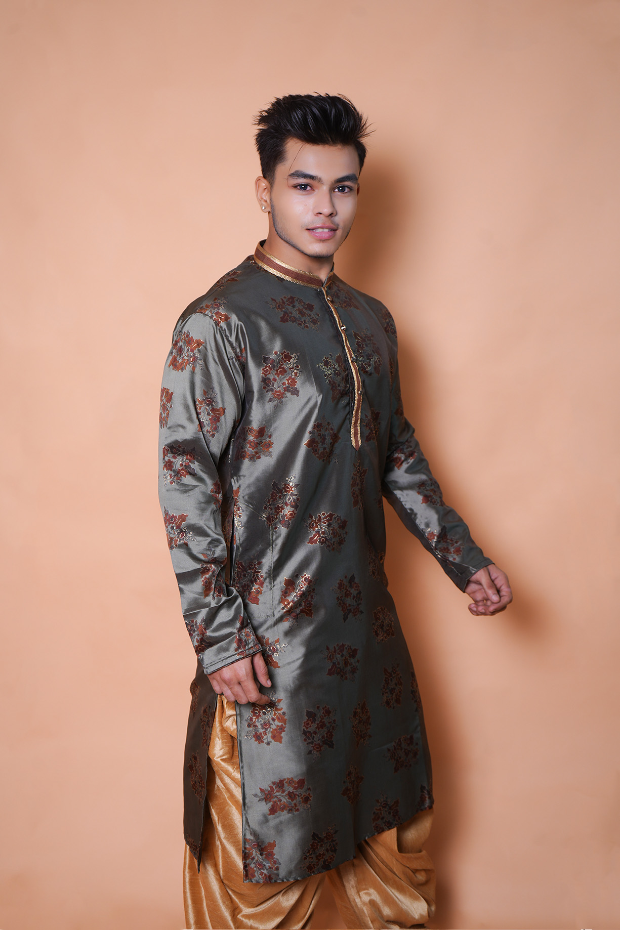 Olive silk kurta with foil print