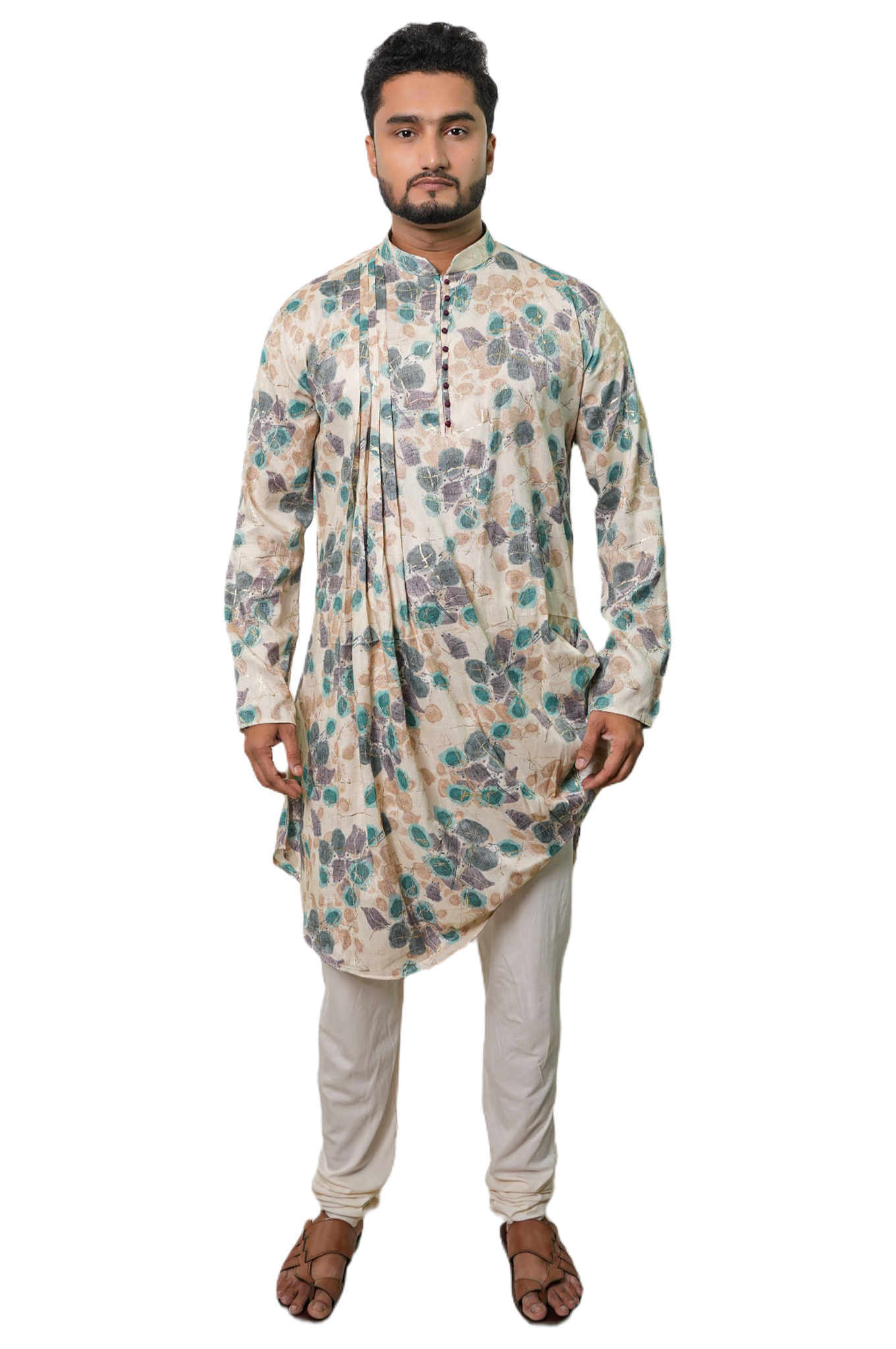 Men Floral Printed Kurta, Teal and Grey aysmmetrical