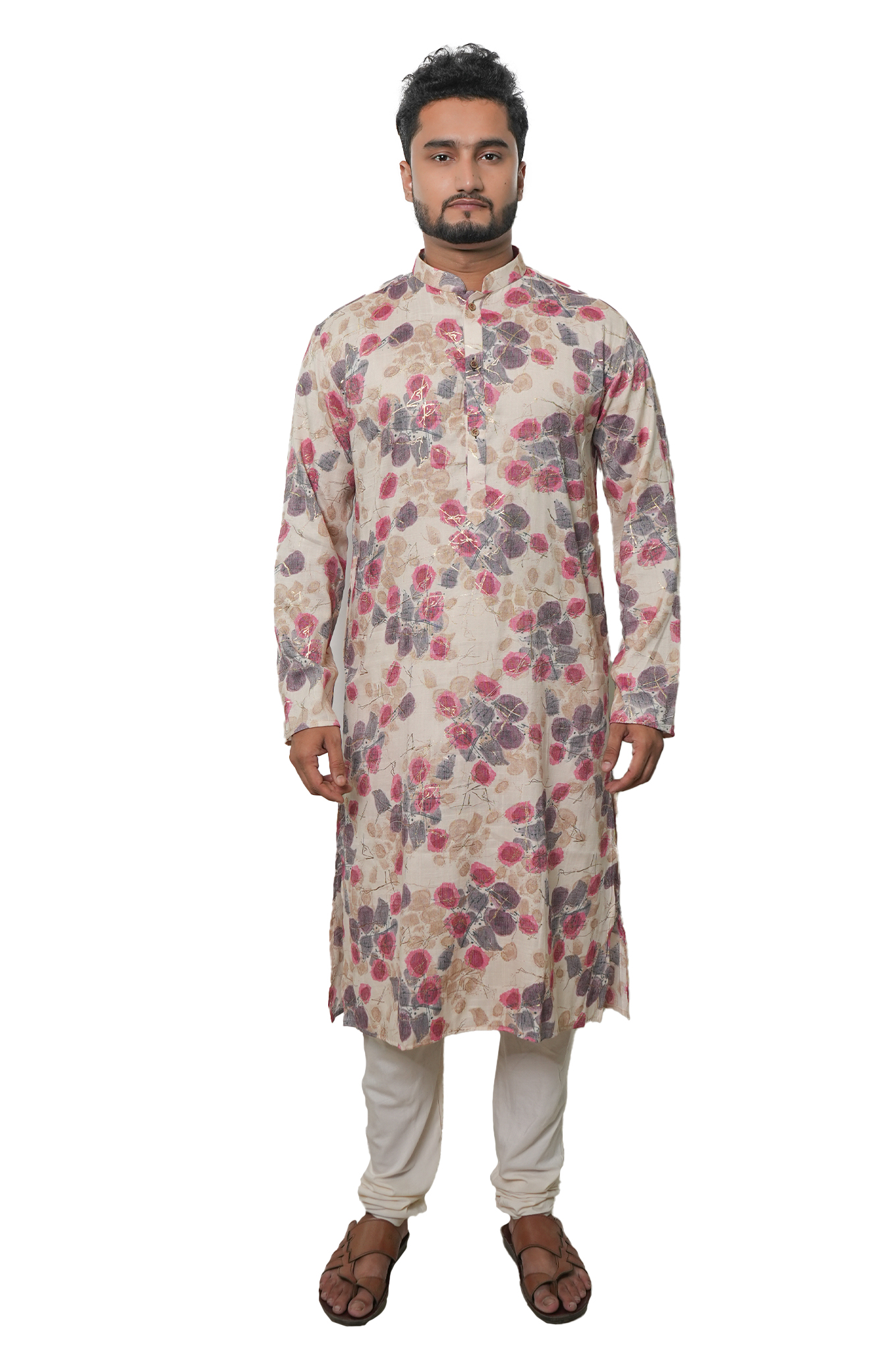 Men Floral Print Kurta, Length, Pink and Grey