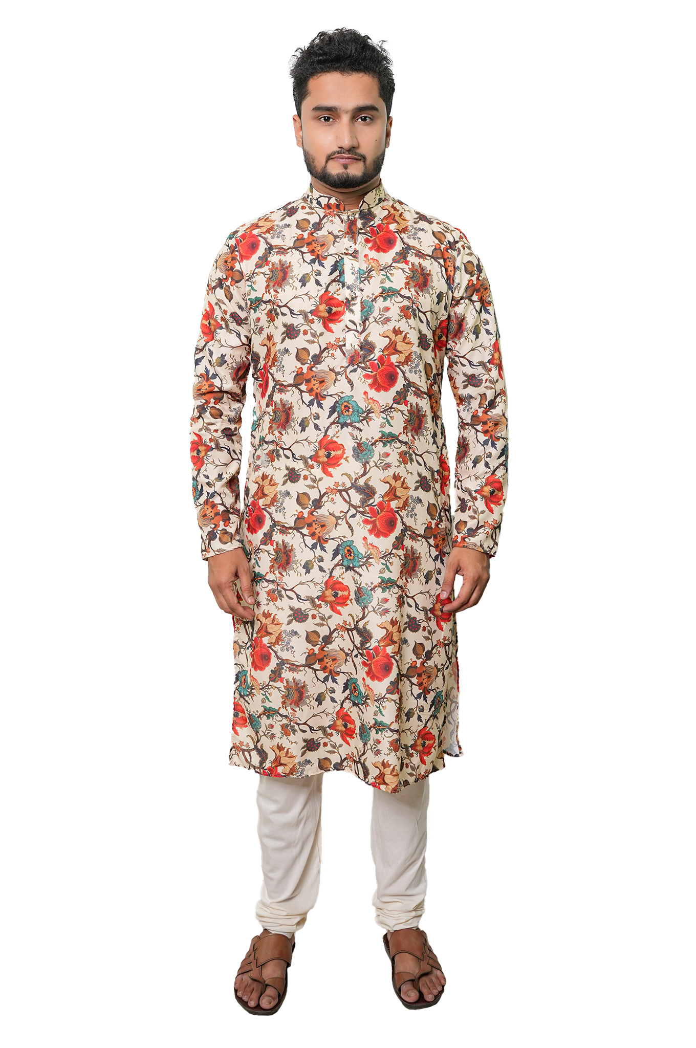 Floral Print Cotton Kurta, Long Sleeves, Multicolour with Beige