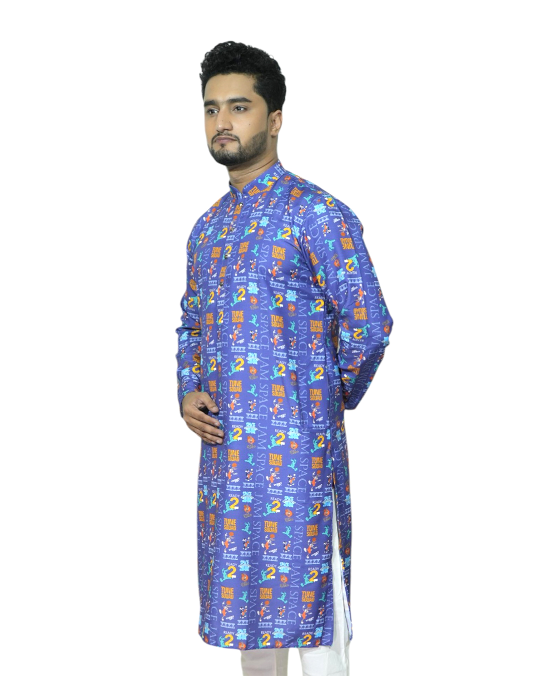 Men Printed Kurta, Blue, Full Sleeves